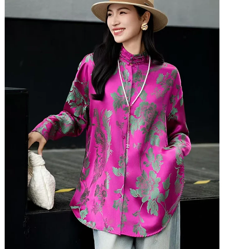 

Spring Summer /Autumn New High-End Silk Satin Vintage Fabric Sand Collar Long Sleeved Handmade Buttons Women's Shirt S-XL