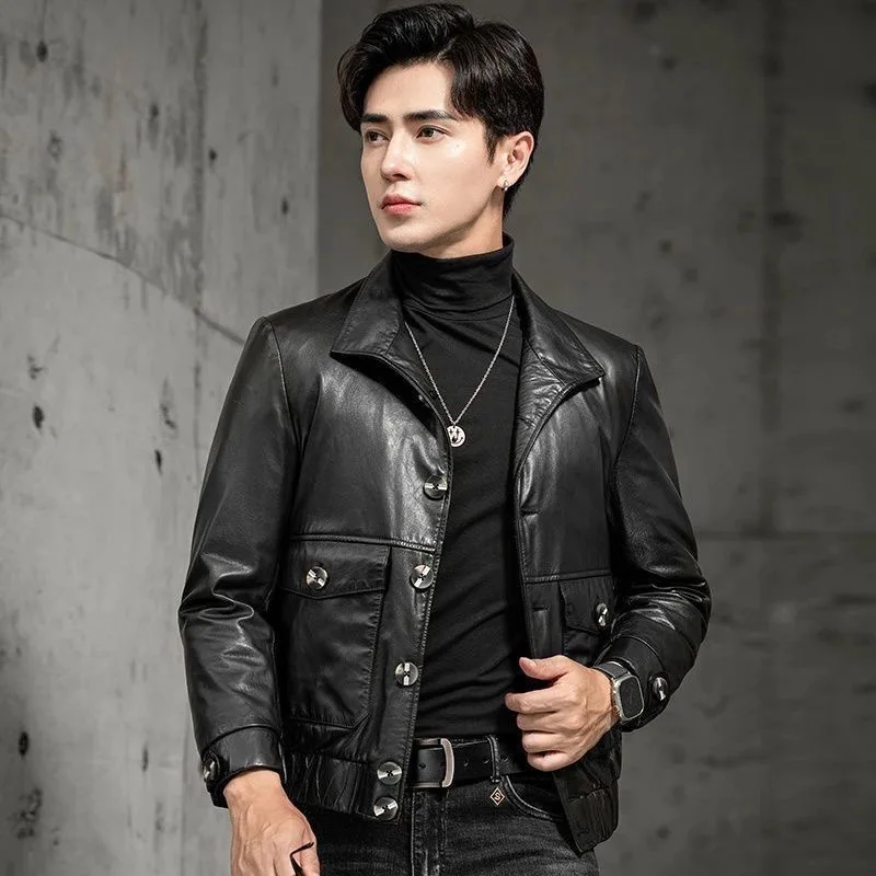 

Мужская кожаная куртка в американском ретро-стиле, повседневная, с отложным воротником, байкерская, теплая, утолщенная, из искусственной кожи, для осени и зимы