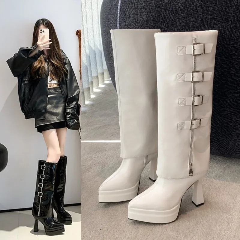 

Vintage Women Trouser Legs Boots Removable Belt Buckle Autumn Winter Shoes Thick Heel Ladies Elegant Long Booties Plus Size 42
