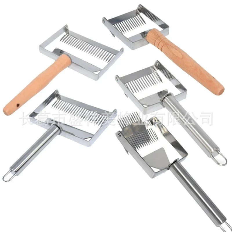 New type wooden handle pure stainless steel honey cutting shovel comb honey rake 2O1 material honey scraper straight tooth set