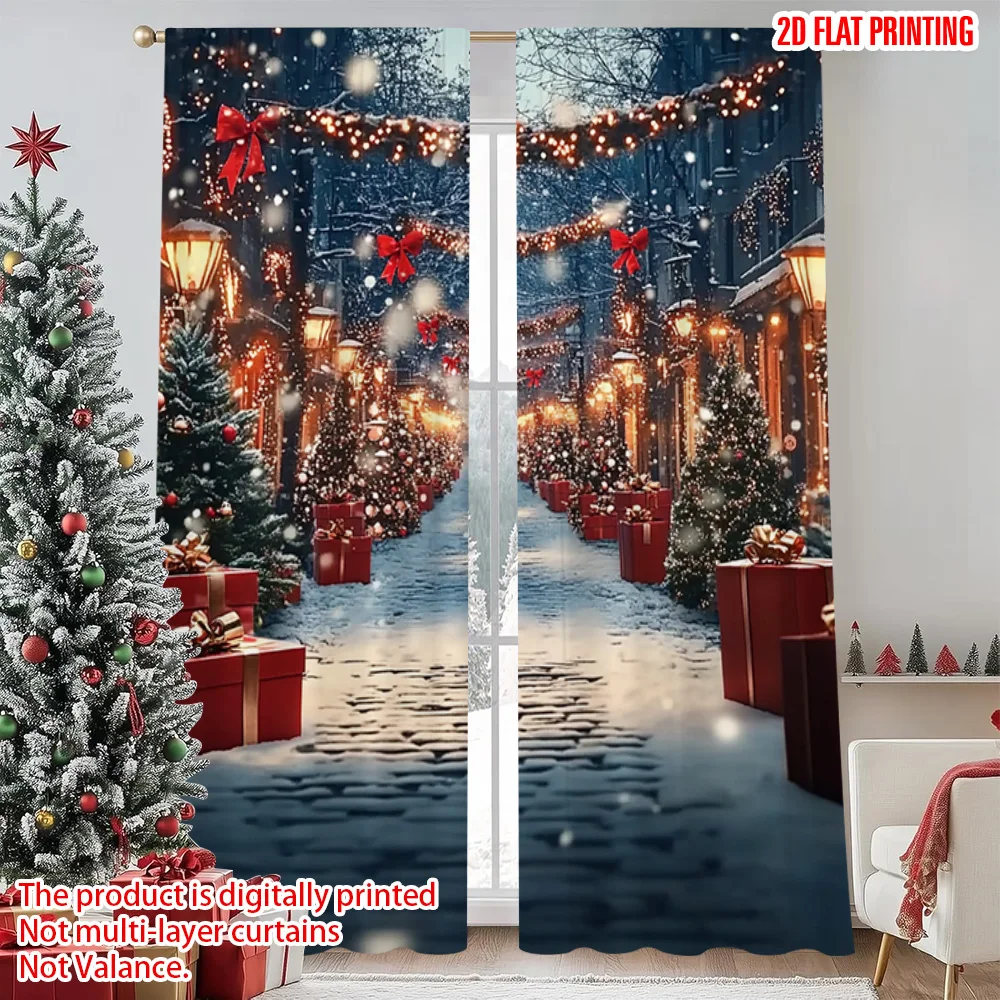 2pcs 2D flat printing Merry Christmas Scene Curtains Christmas Forest and Snow Scenery Polyester Without Electricity Family
