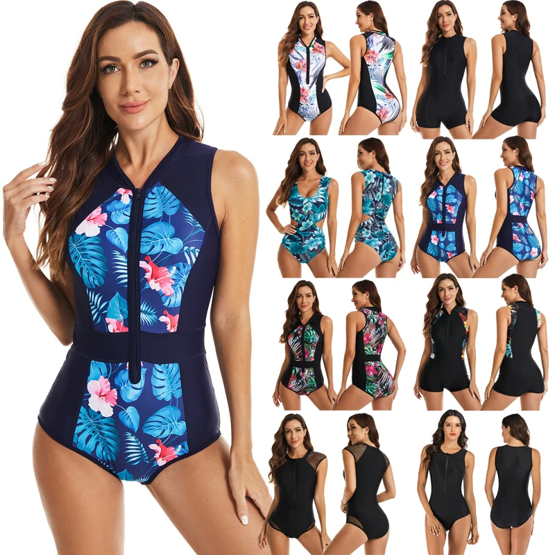 2024 Sleeveless Swimsuit Women One Piece Rash Guard Surf Bodysuit Floral Zipper Swimwear Girl Monokini Bath Swimming Wear S-XXL