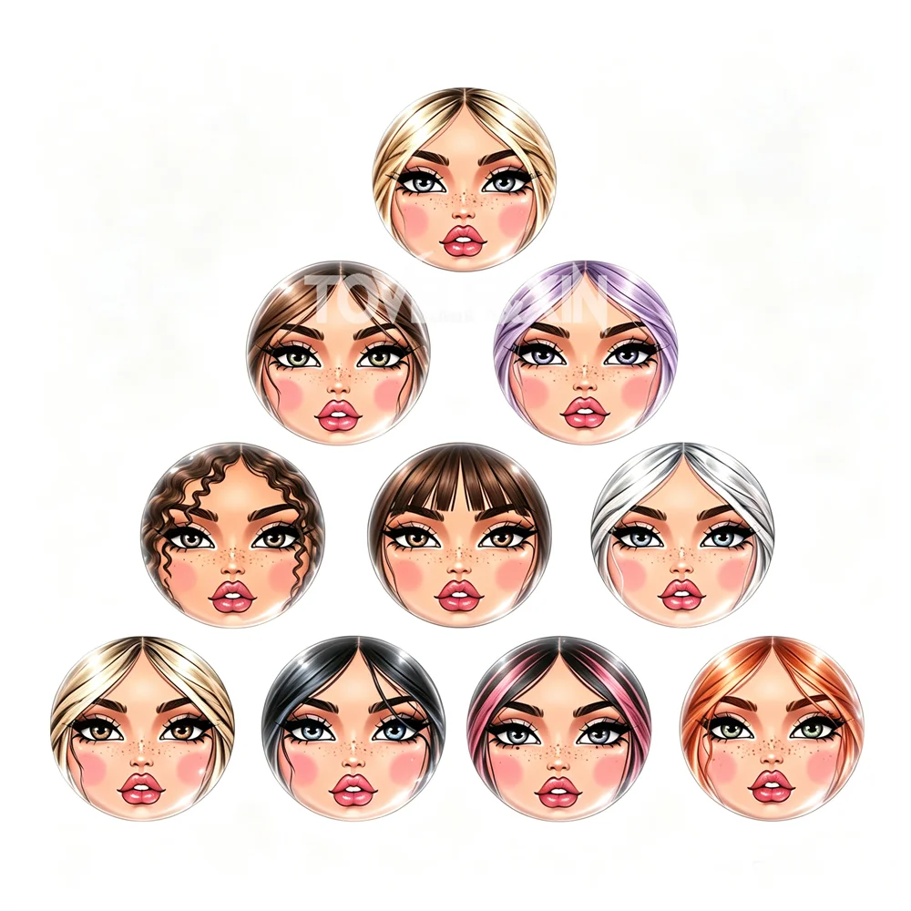10Pcs Y2K Freckle Cartoon Girl Face Round Glass Cabochons Flatback Photo Cameo Charms DIY for Keychain Magnet Jewelry Making