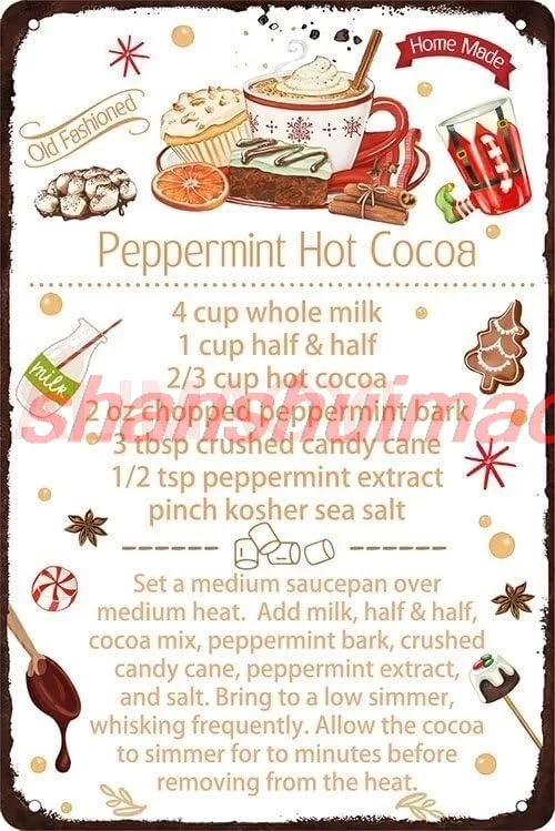 ALI Homemade Old Fashioned Peppermint Hot Cocoa Recipe Metal Tin Sign Retro Christmas Decor for Home Kitchen Vintage Hot Cocoa