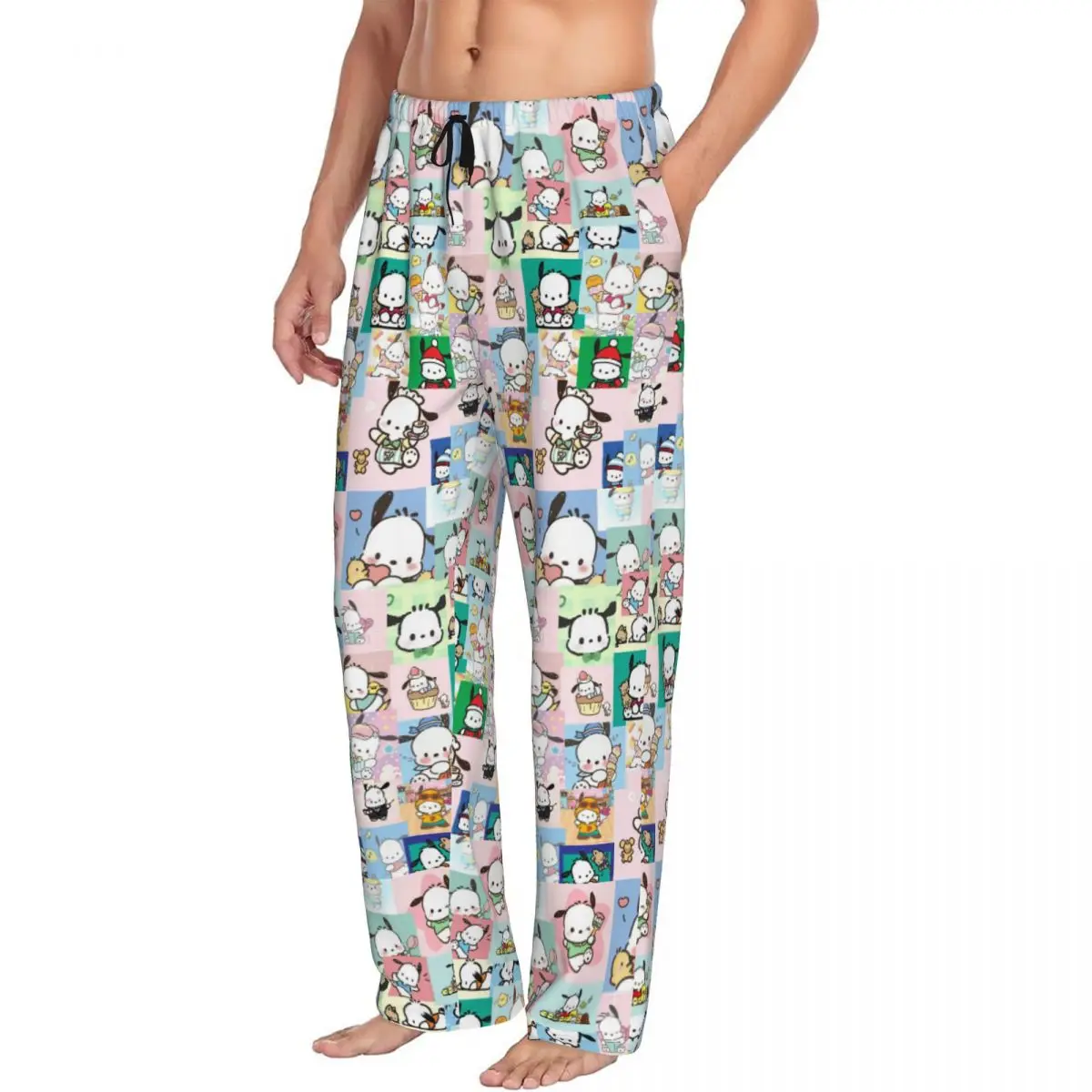 Custom Printed Pochacco Cartoon Pattern Pajama Pants Men's Kawaii Comic Sleep Sleepwear Bottoms with Pockets