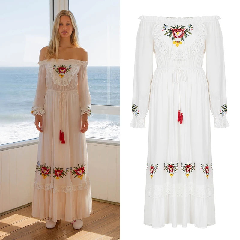 High End Off The Shoulder Flare Mouw Maxi Boho Vrouwen Lente Zomer Wit Borduurwerk Kwastje Casual Feest Vakantie Jurken