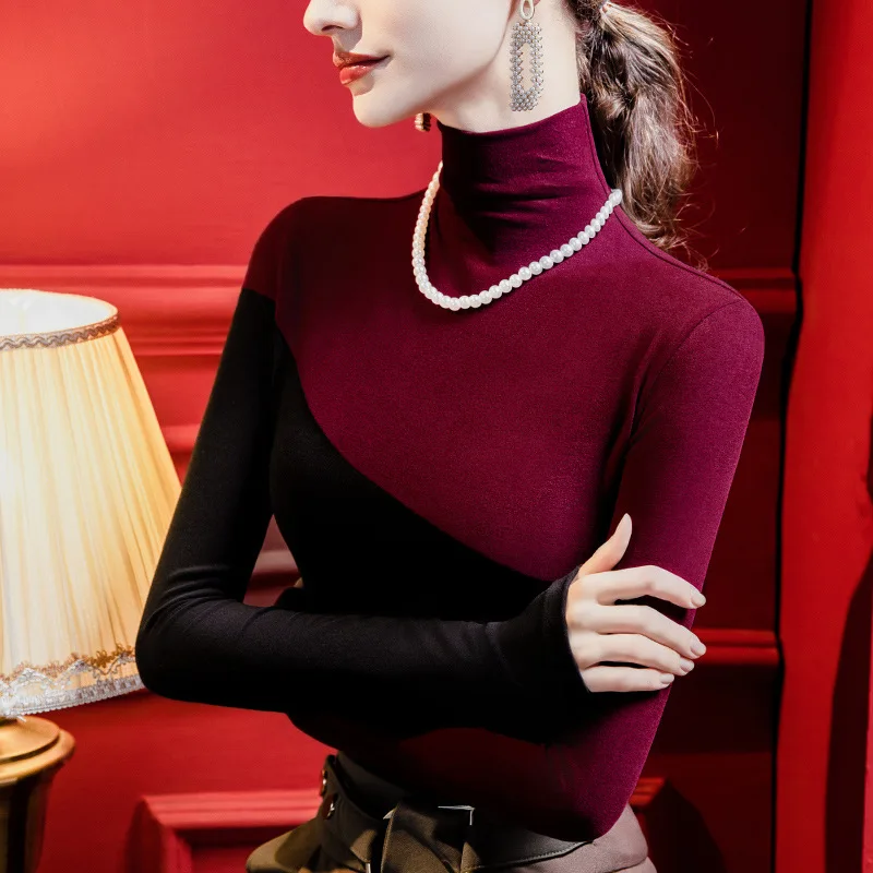 カラーブロックタートルネックトップ女性起毛長袖シャツソフト暖かいベーシックインナーウェアシック 2025 秋冬新着