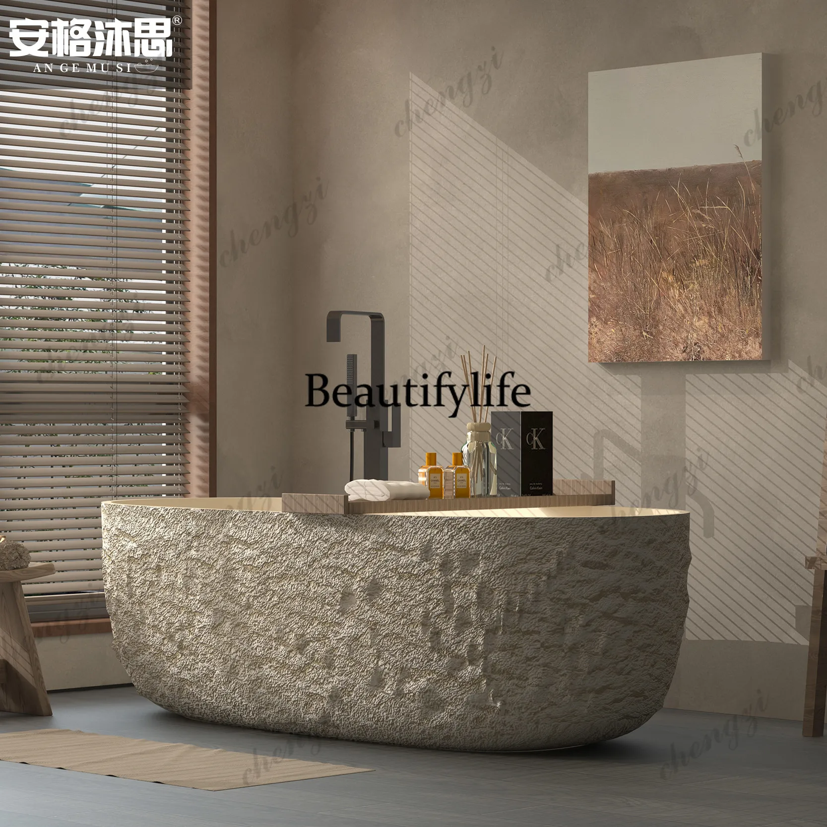 Wabi Sansan Wind Rock Head Pattern Integrated Artificial Stone Bathtub Creative Personality Art Creative Household