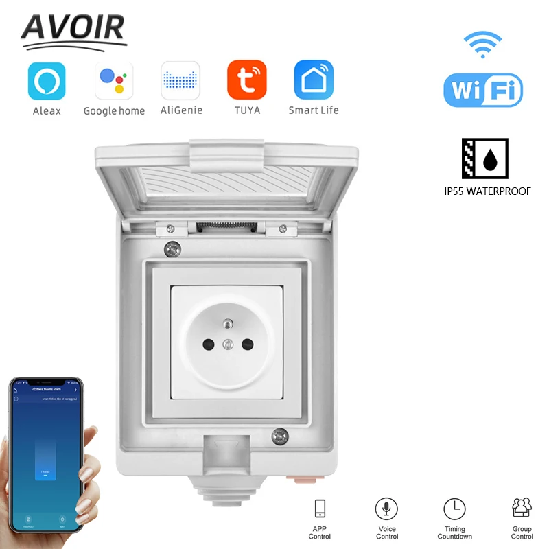 Avoir Tuya Smart Power Sockets FR Standard Plug IP55 Waterproof Socket Cover Outdoor Power Outlet Works With Alexa Google Home