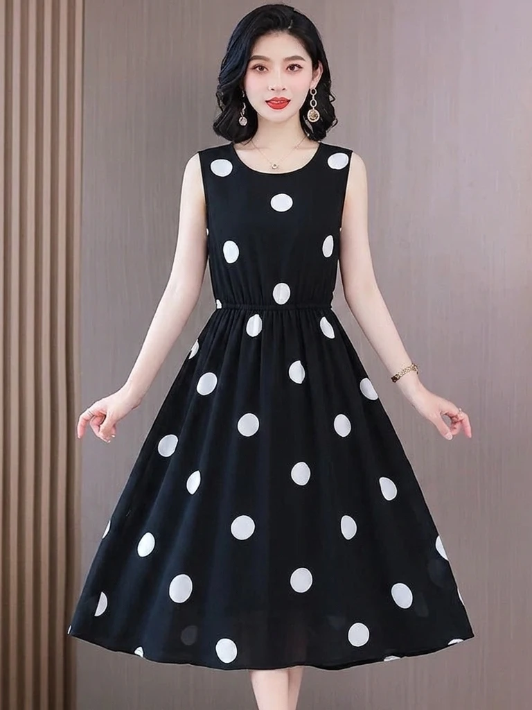

Elegant Black Polka Dot Sleeveless Dress Women's Waist-Cinching Slimming Mommy Clothes Fashionable Midi Skirt Casual Wear