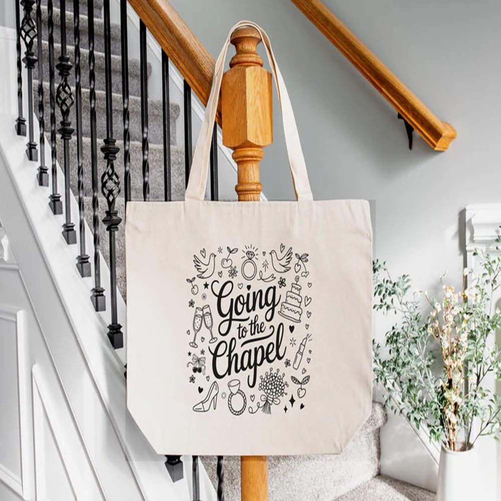 

Personalized Black Text Tote Bag Going to The Chapel Canvas Tote Bride Beach Bag Wedding Bridal Shower Travel Shoulder Handbag