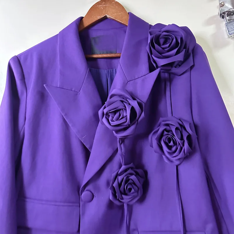 2024 New Suit Jackets Versatile High-end Femininity Three-dimensional Flower Blazers Feminine Long Sleeve Purple Tailored Coats