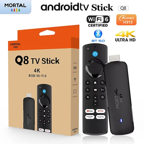 TV Stick Android 14 con cine en casa Mortal Q8, compatible con vídeo 4K a 60 fps, Wifi 6, Allwinner H313 de cuatro núcleos, control remoto por voz.