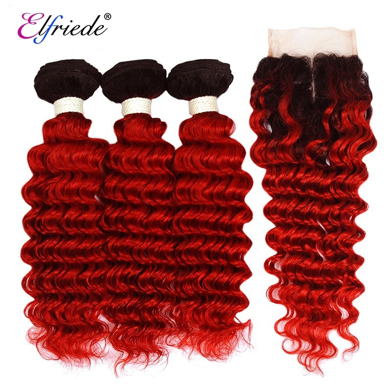 

Elfriede #T1B/Red Deep Wave Ombre Colored Hair Bundles with Closure Brazilian Human Hair Weaves 3 Bundles with Lace Closure 4x4