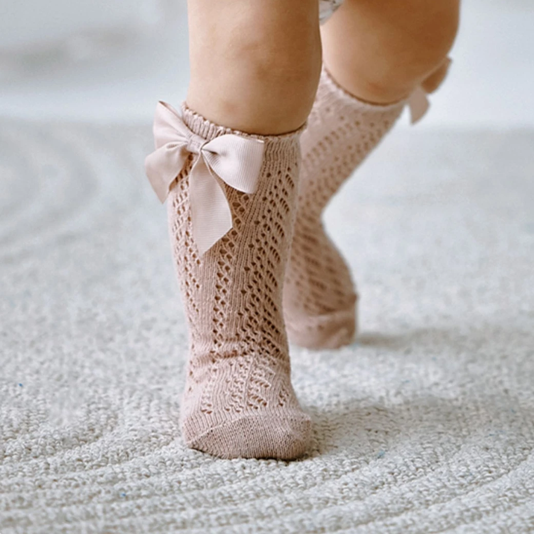 Children Baby Girls Socks Summer Spanish Style Bow Non-Slip Thin New Born Infant Cotton Long Knee Princess Mesh Breathable Socks