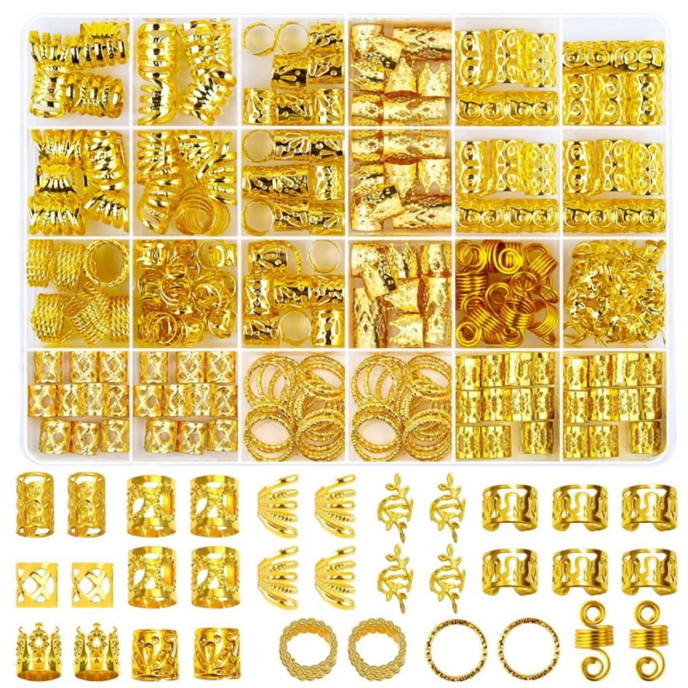 290Pcs Metal Dreadlock Jewelry Hollow Out Electroplated Hair Jewelry Hip-Hop Punk Style Gold Silver Hair Braiding Rings Festival
