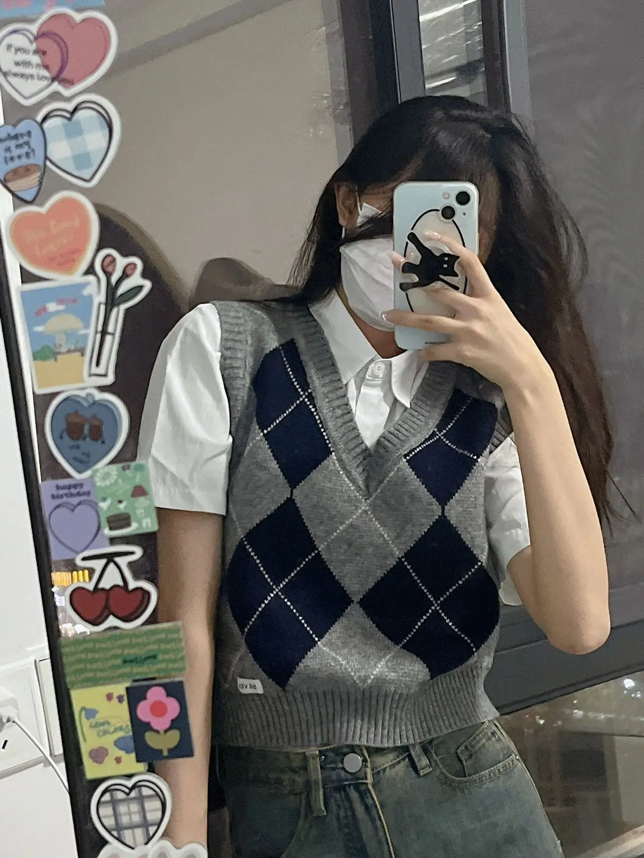 College Style Women's Summer Korean Retro Short Knitted Vest And Shirt Two-Piece Set V-Neck Short Sleeve Fashion Ensemble