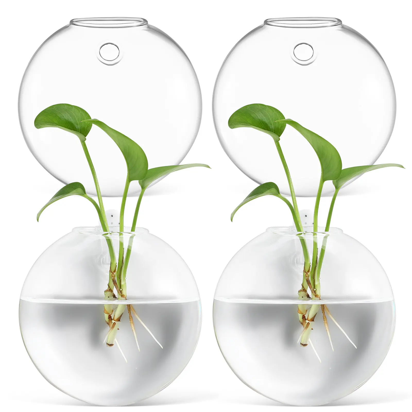 4Pcs Modern Wall Mounted Glass Vase Set Clear Flat Round Hanging Flower Vase for Decor Living Room Bedroom Office Space Saving