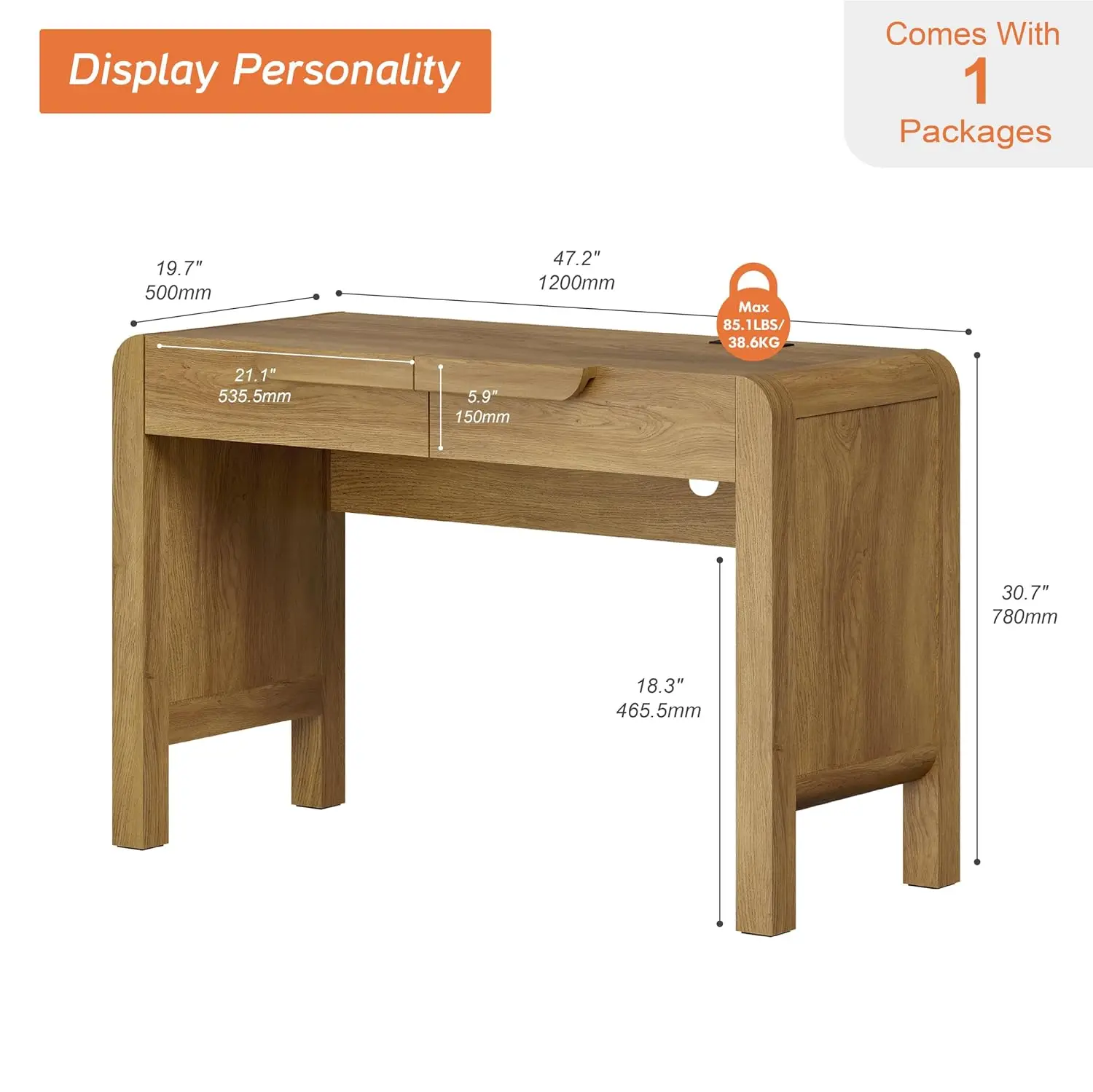 Mid Century Modern Desk with Drawers & Charging Station, Wood Console Table for Home Office Living Room, 47.2