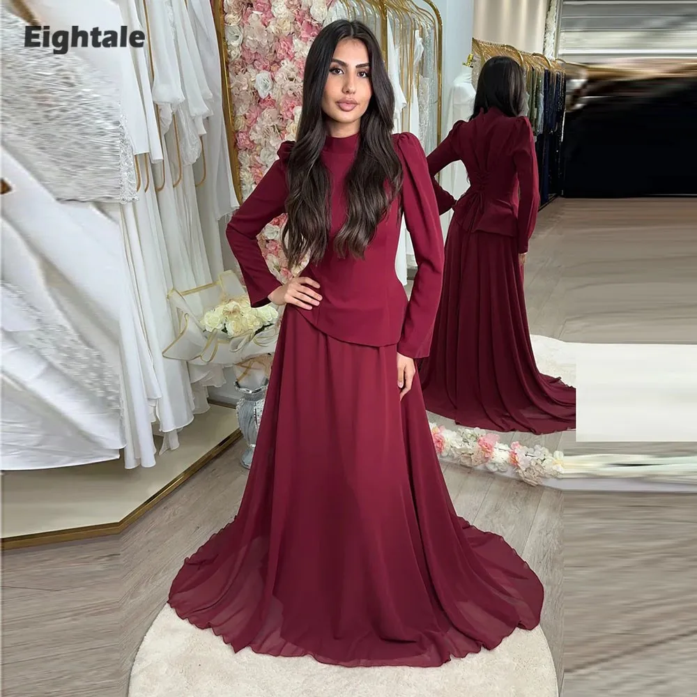 

Eightale Arabic Evening Dress for Wedding Party High Neck Long Sleeve Floor Length Muslim Mermaid Burgundy Customized Prom Gown