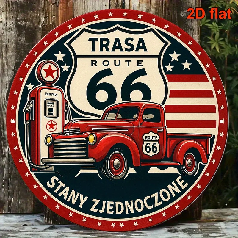 2D Flat, 1 Stück Vintage Route 66 Straßenschild – Retro-Pumpe der 1950er Jahre und klassisches Auto-Design – robustes Aluminium-Metallschild – 20,32 x 20,32