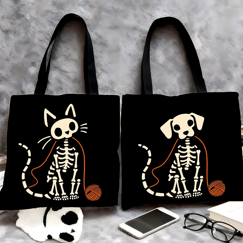 1/2 Pcs Reusable Foldable Grocery Bag, Black Skeleton Cat/Dog Print Shopping Tote with Yarn Ball Pattern, Collapsible Handbag fo