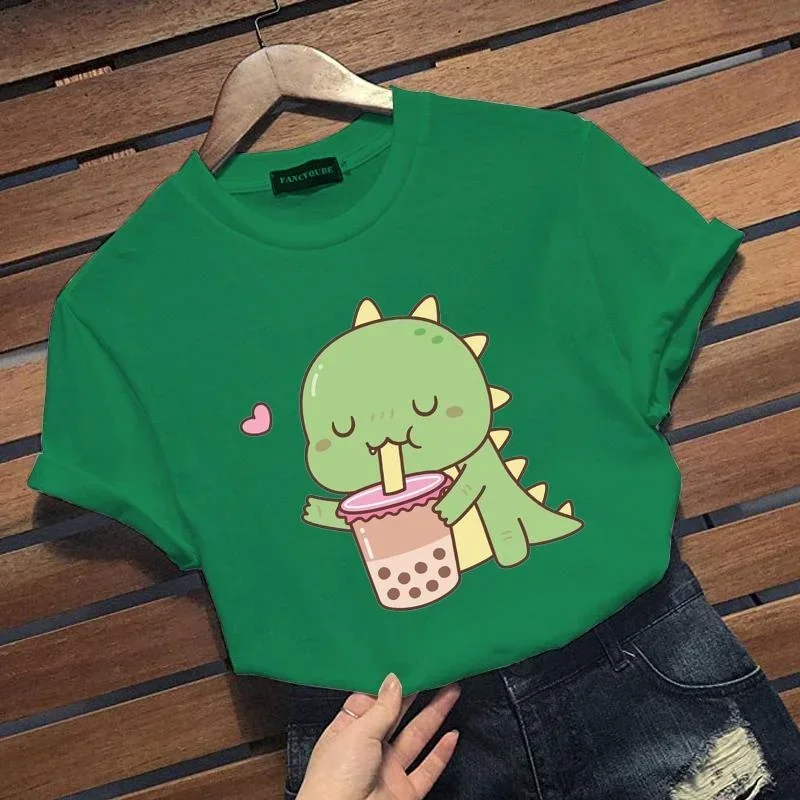 Cute Cartoon Dinosaur Drinking Pearl Milk Tea Pattern Printed T-Shirt Women's Casual Cute Dinosaur Round Neck Short Sleeve