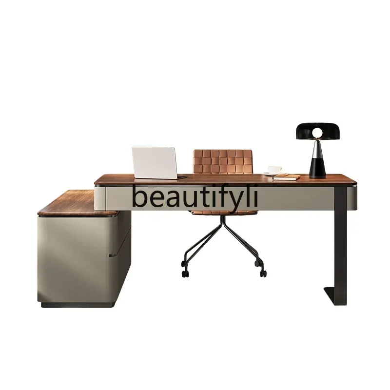 Italian minimalist study desk light luxury high-end designer walnut solid wood desk