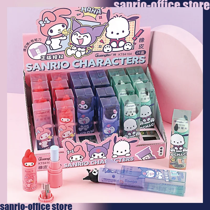 

24pcs Sanrio Stationery Pochcco Kuromi My Melody Erasers Pencil Sharpener 2 In 1 Set Student Office Learning Supplies Prizes