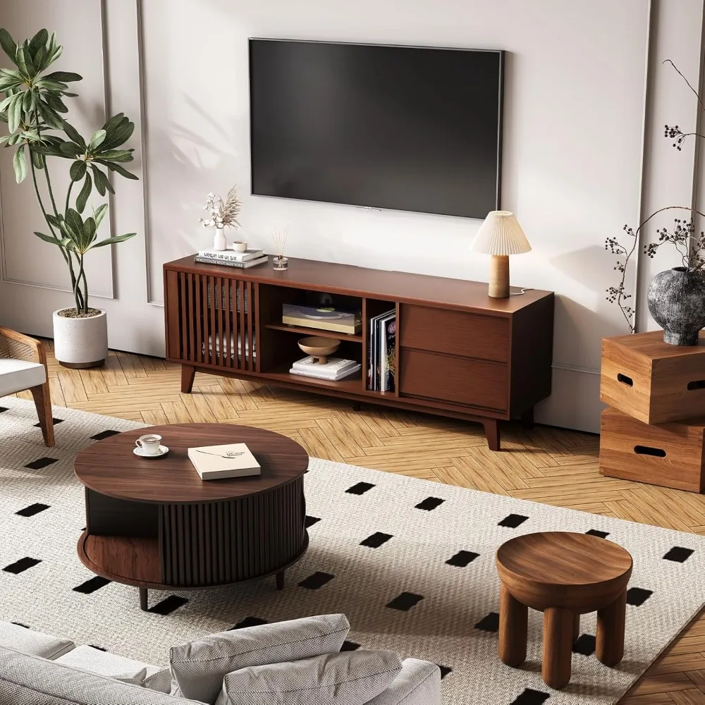 66" TV Stand for 60/65/75 inch tv,Mid Century Modern Entertainment Center/TV Stand and Media Console Table with Drawer and Shelf