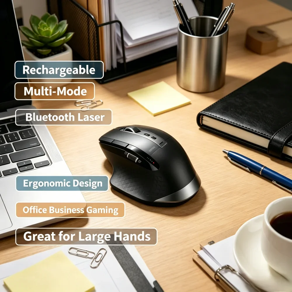 RAPOO MT750 Rechargeable Multi-Mode Bluetooth Laser Mouse, Ergonomic Design for Office Business Gaming, Great for Large Hands