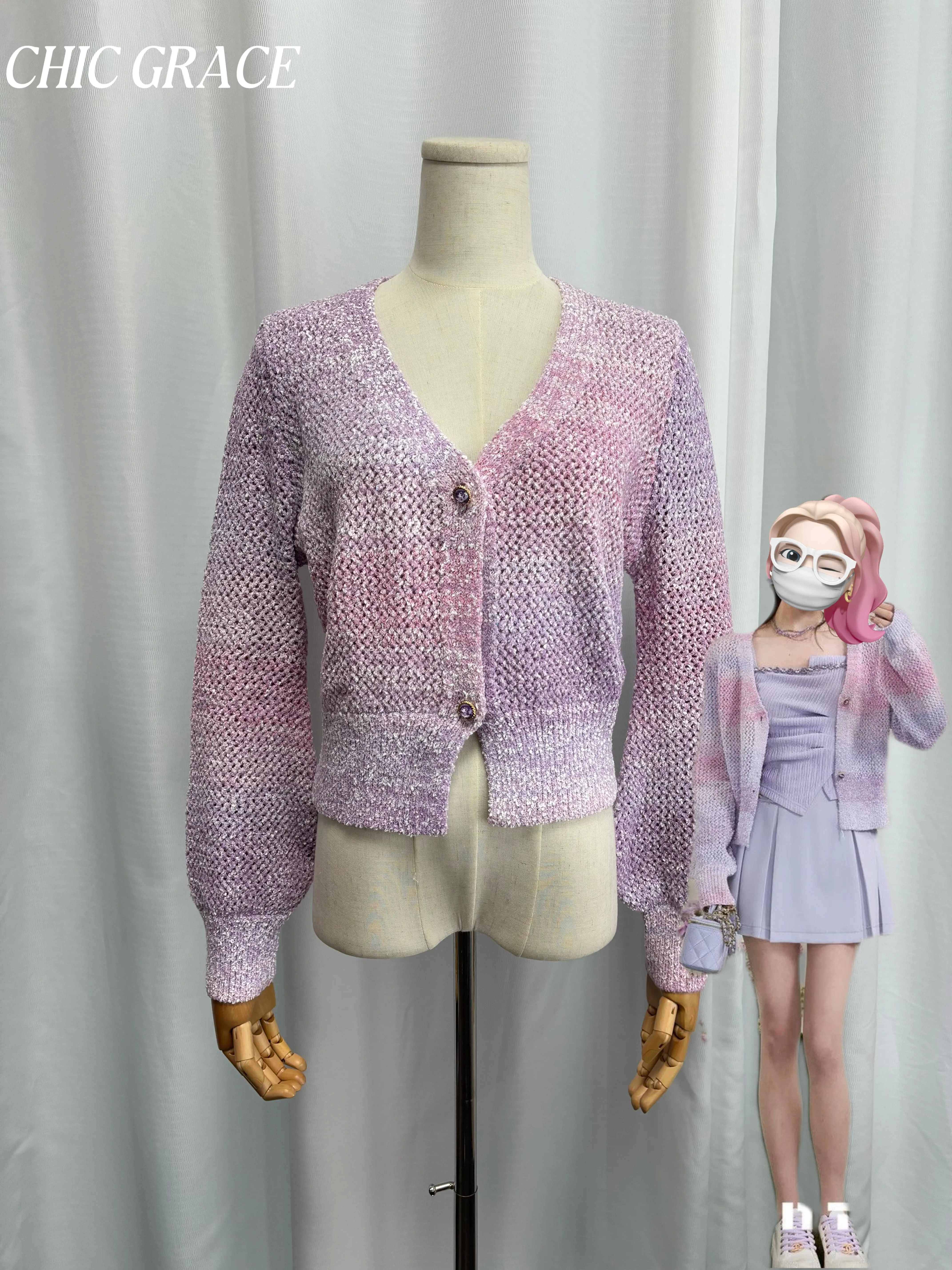 لقطة حقيقية 2025 سترة نسائية جديدة متدرجة باللون الوردي والأرجواني سترة ناعمة حلوة بأكمام طويلة ورقبة مستديرة رائعة محبوكة قمة الموضة T #1