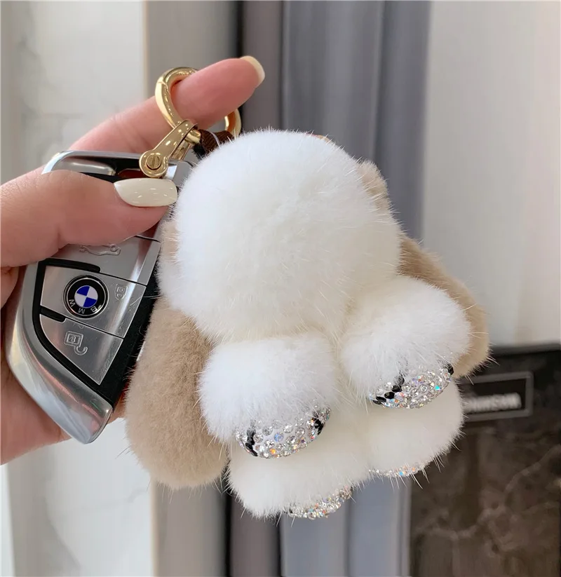 2024 Real Mink Fur Bunny Fur Pendant Bag Jewelry Key Chain Plush Pendant Trumpet Cute Cute Rabbit Children Animal Cartoon Doll