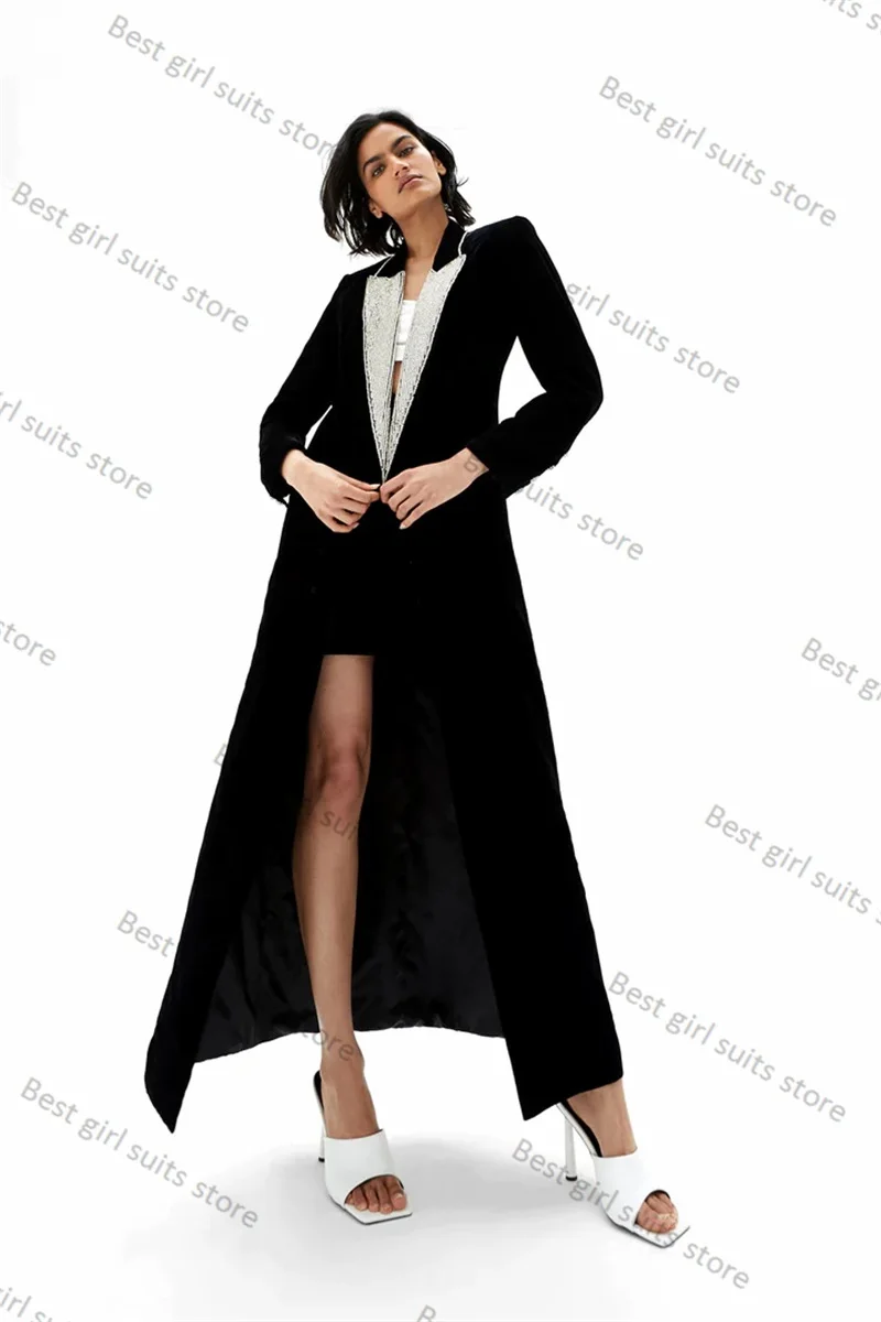 Long Velvet Beads Women Suit 1 Piece Blazer Wedding Tuxedos Formal Sexy V Neck Lady Jacket Coat Tailored Maxi Prom Dress