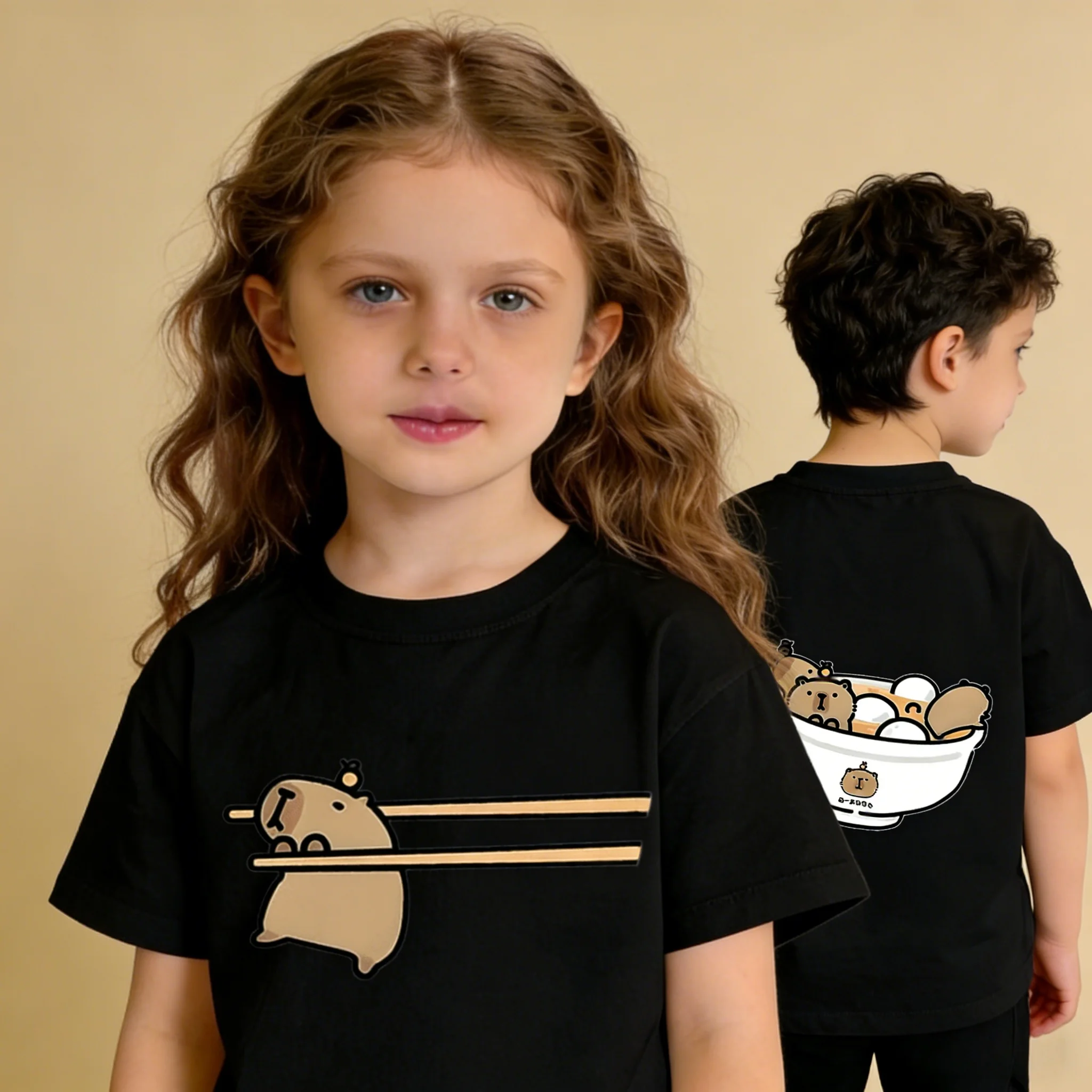 Funny Capybara Print Loose Kids Short Sleeve T-Shirt Cotton Soft Machine Washable for Outdoor Sports Daily Play