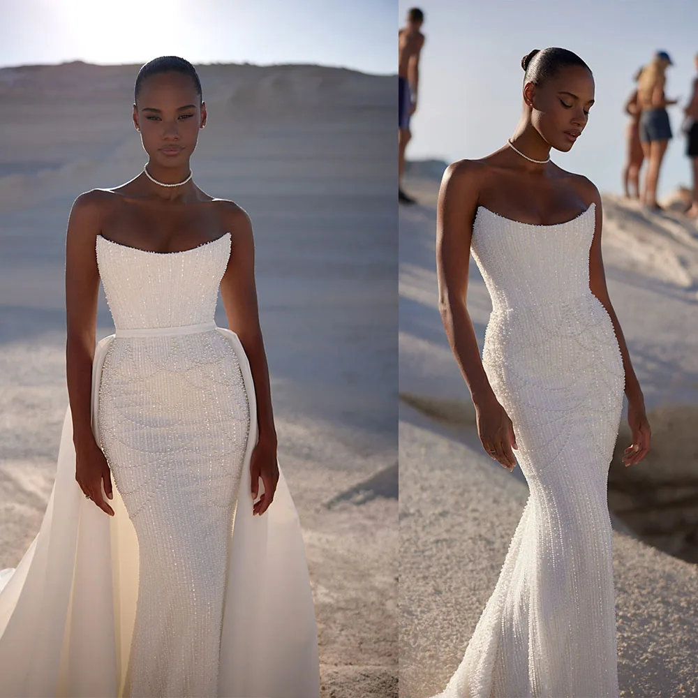 

Elegant Wedding Dresses Strapless Beading Bride Gowns Detachable Train Sequins Mermaid Customize Bridal Dress Robes De Mariée