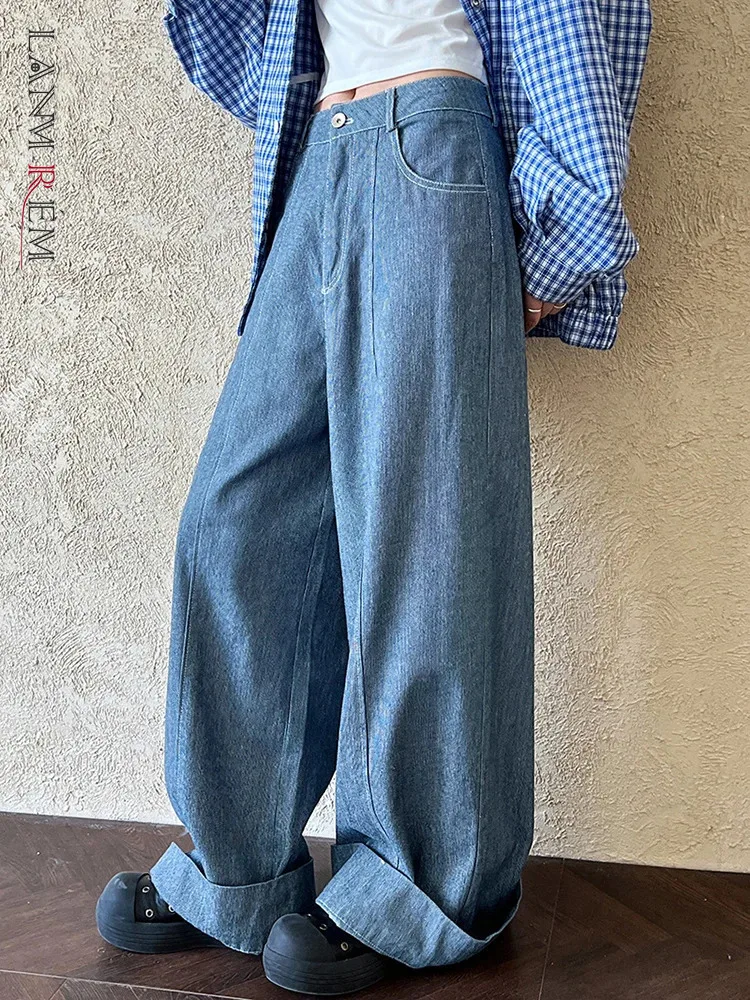 

[LANMREM] High Waist Light Blue Denim Vintage Long Casual Wide Leg Jeans New Women Trousers Fashion Tide Spring 2025 New