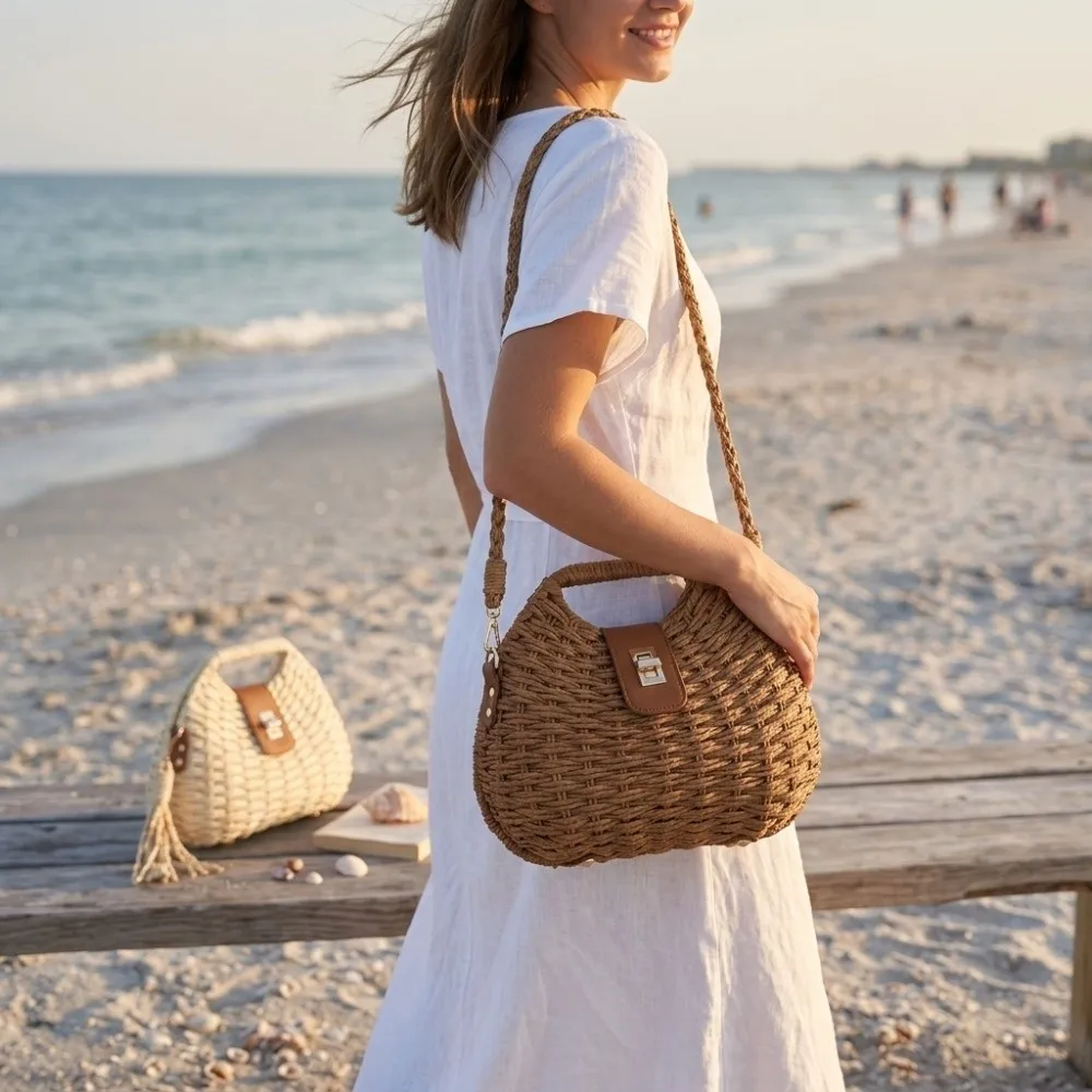 Elegant Straw Woven Shoulder Bag Solid Color Eco-Friendly Boho Crossbody Bag Metal Buckle All-match Wicker Rattan Handbag Beach