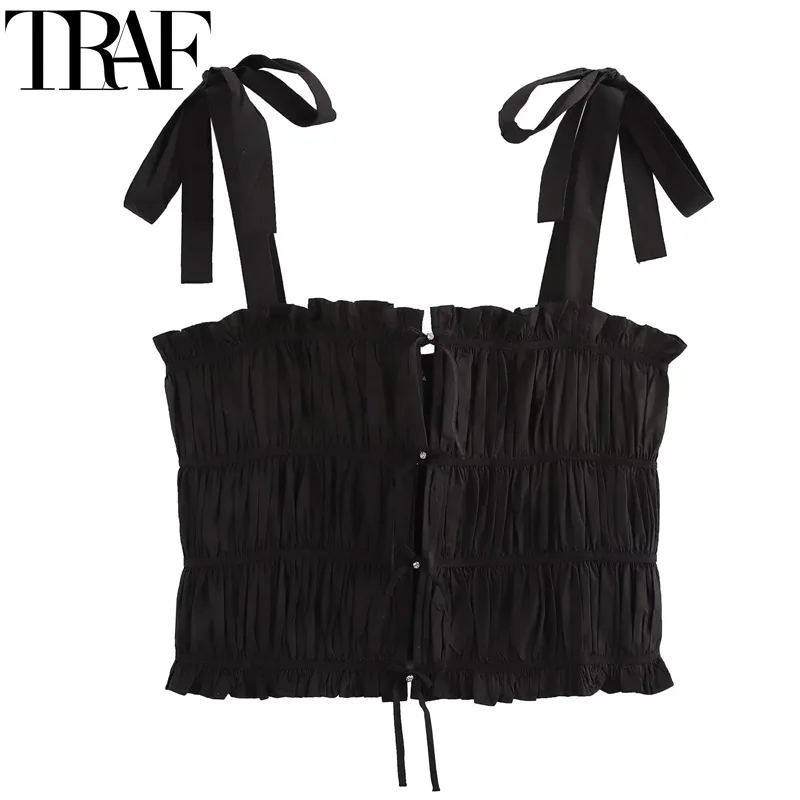 TRAF Black Crop Tops Women Sleeveless Corset Woman Butterfly Top With Straps Pleated Ruffle Camisole Top Backless Rhinestone Top