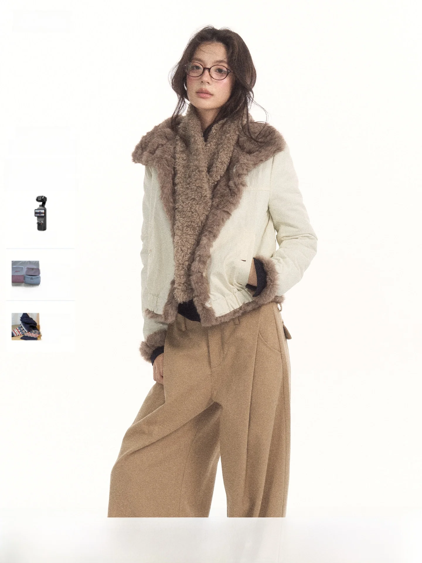 7Shiftin Original Design Casual Style Short Length Woven Double-Sided Wear Faux Fur Collar Color Block Trim Top for Women