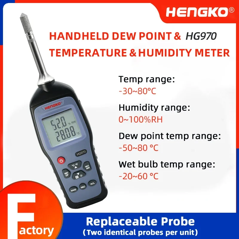 HENGKO HG970 USB المحمولة اللاسلكية المحمولة درجة الحرارة الرطوبة Asair نقطة الندى متر