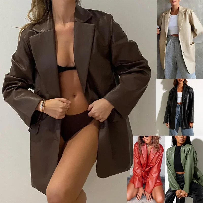 Jaqueta de couro PU para mulheres, manga comprida, blazers quentes, cor sólida, outwear solto, moda lazer, Y2K