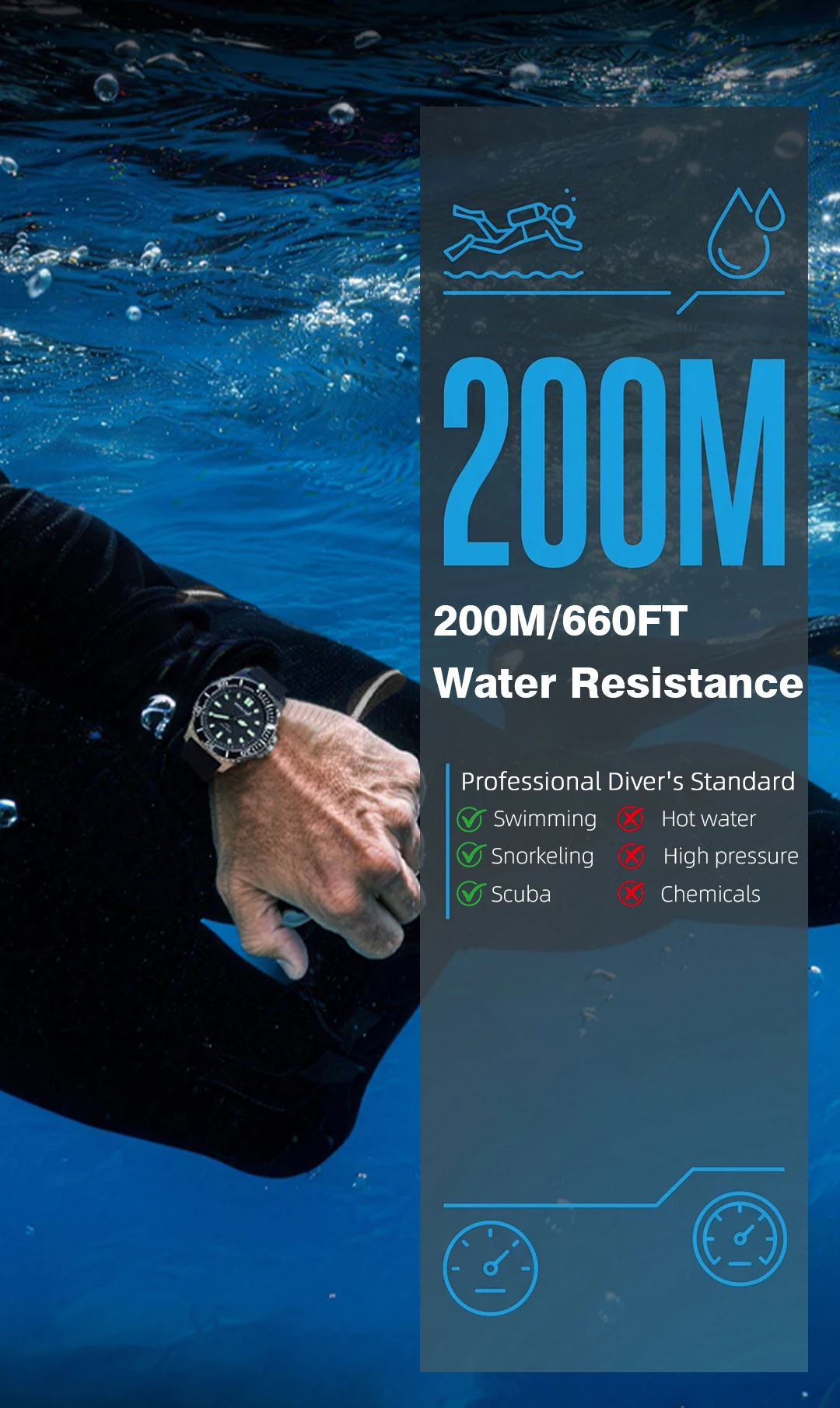 NORTH EDGE ABYSS Herren Quarzuhr Solarbetriebene Luxusuhr 200M Wasserdichte Taucheruhr 316L Stahlgehäuse 180+ Tage Energievorrat – Detail 10