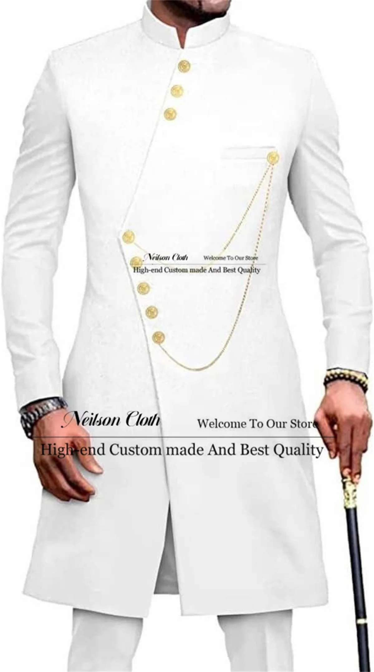 

Formal White 2 Pieces Sets Male Prom Blazers Stand Collar Groom Wedding Tuxedos Long Coat Customized Slim Fit Costume Homme