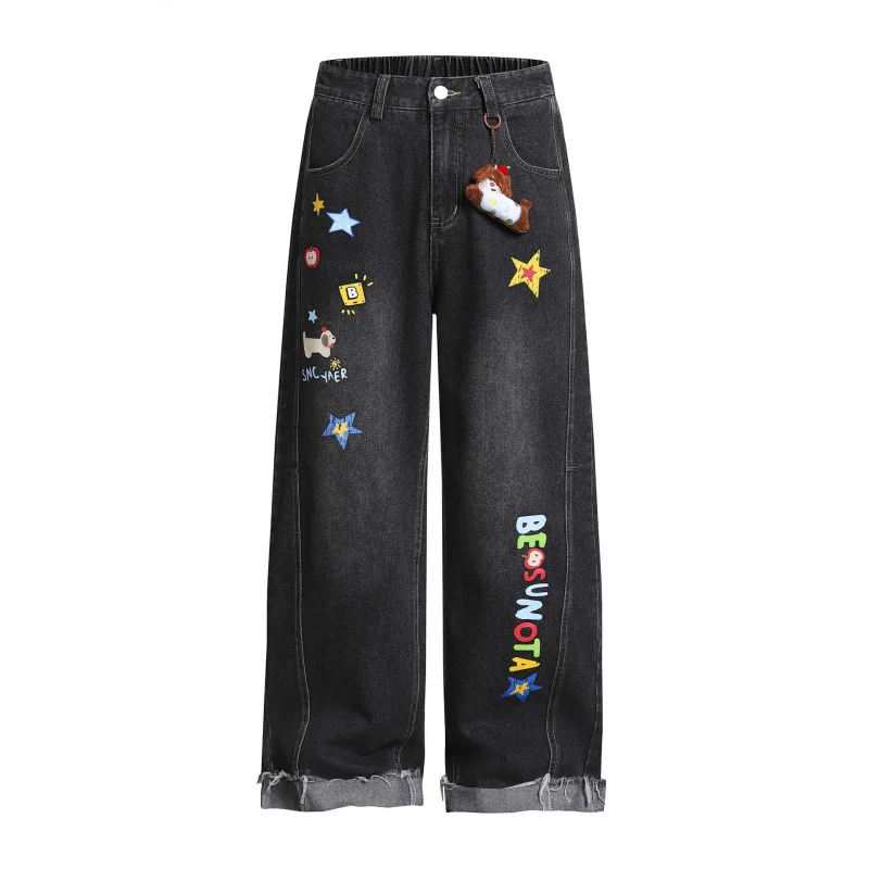 MAQVOB, pantalones vaqueros rectos de dibujos animados de alta calidad, talla UE y EE. UU., pantalones de pierna ancha con colgante de perro desmontable Unisex