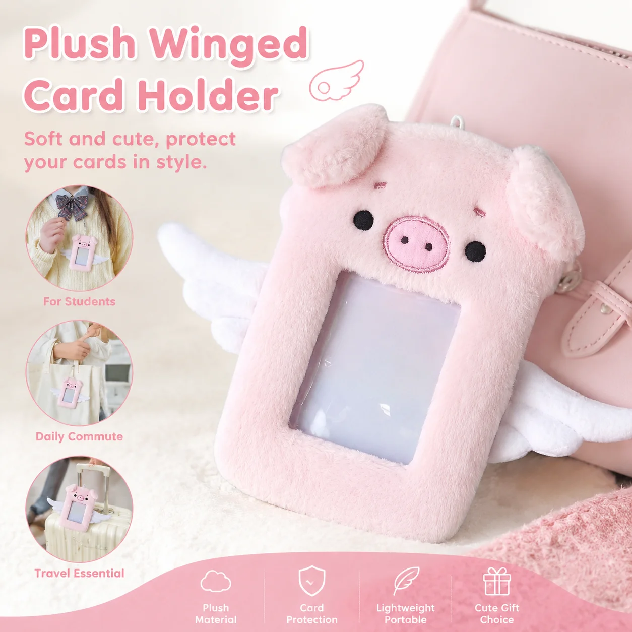 Pink Cute Angel Key Rings Pig Plush Card Holder 3 Inch Kawaii Fuzzy Pvc Window ID Compact Protective Case Transit Card Key Chain