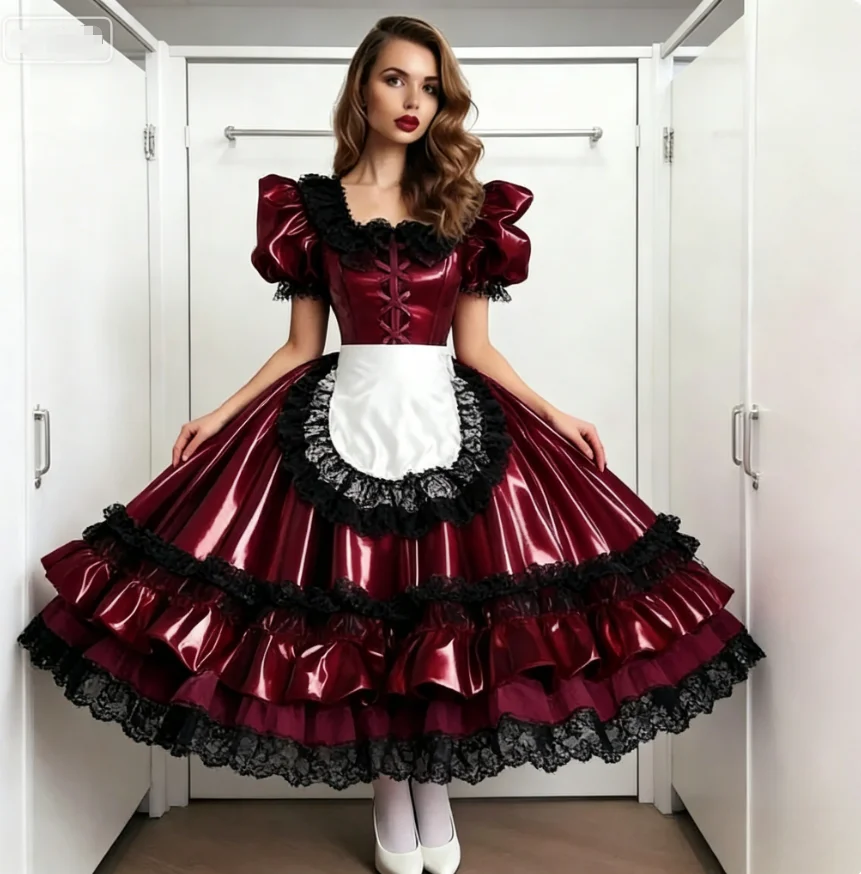 Gotisches burgunderrotes PVC-Abschlussballkleid, knöchellanges Abendkleid, Dienstmädchen-Cosplay-Partykleider, Puffärmel, schwarze Spitzenrüschen, individuell gestaltet