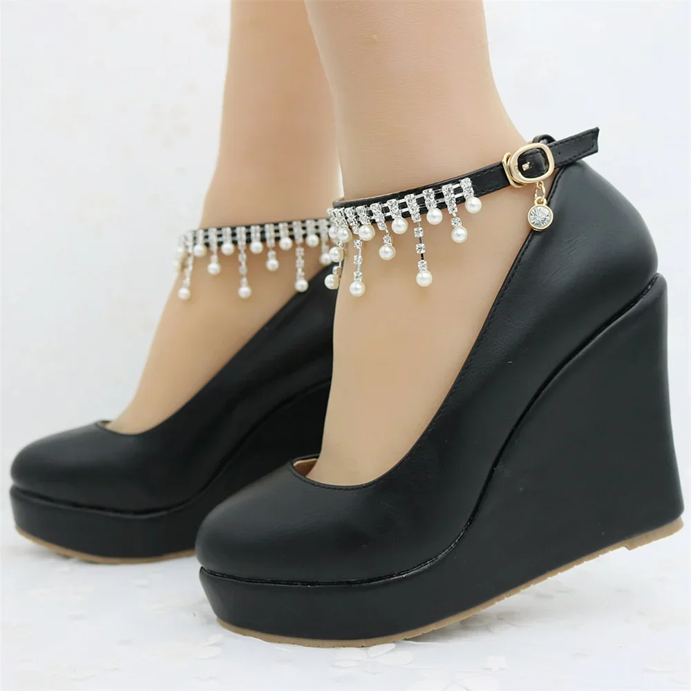 10.5 CM White Round Head Ankle Strap Platform Wedges Women Pump High Heels  Dress Shoes Tassel Beaded Size 41 42 43