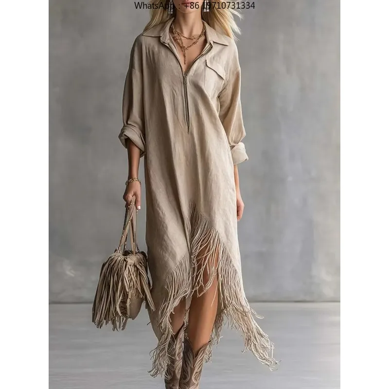Women Linen Shirt Midi Dress Lapel Half Zip Long Sleeve Pocket Asymmetric Fringe Hem Loose Casual Vacation Dress
