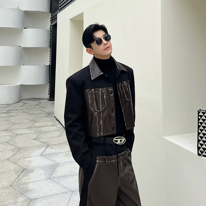 Men Autumn Winter Splice Leather Sets Korean Streetwear Loose Casual Vintage Short Jacket Wide Leg Baggy Pants Suits Man Clothes